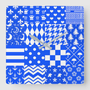 Blue White Mixed Patterns Patchwork Design Square Wall Clock
