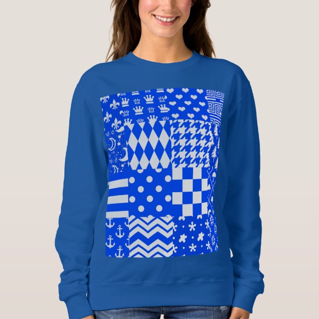 Blue White Mixed Patterns Patchwork Design  Sweatshirt (Front)