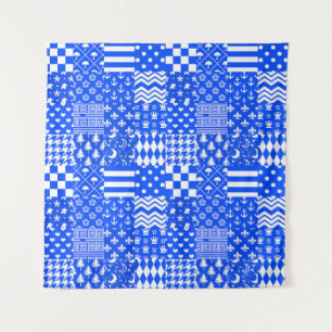 Blue White Mixed Patterns Patchwork Design Tapestry