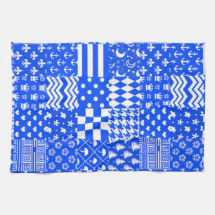 Blue White Mixed Patterns Patchwork Design Tea Towel