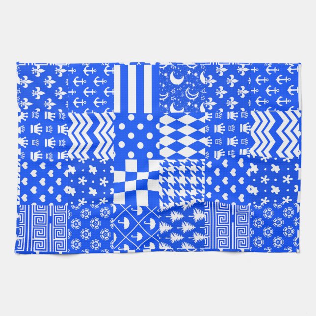 Blue White Mixed Patterns Patchwork Design  Tea Towel (Horizontal)