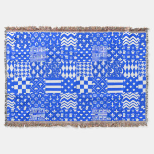 Blue White Mixed Patterns Patchwork Design Throw Blanket