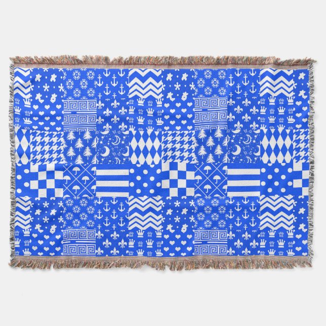 Blue White Mixed Patterns Patchwork Design  Throw Blanket (Front)
