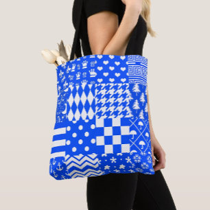 Blue White Mixed Patterns Patchwork Design Tote Bag