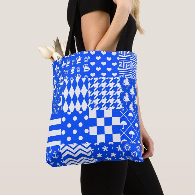 Blue White Mixed Patterns Patchwork Design  Tote Bag (Creator Uploaded)