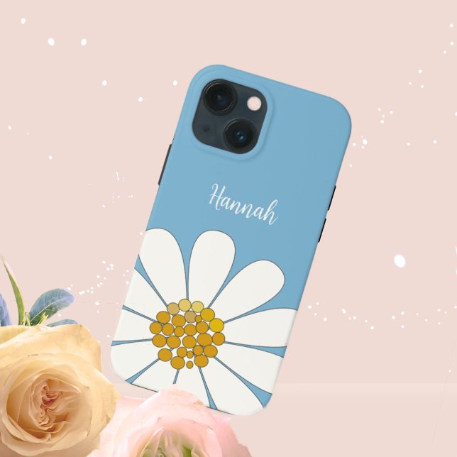 Blue  White Modern Daisy Flower Personalise Name  Case-Mate iPhone Case (Creator Uploaded)