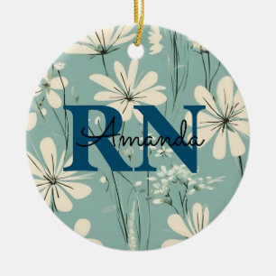 Blue White Modern Daisy Personalised Name RN Nurse Ceramic Ornament