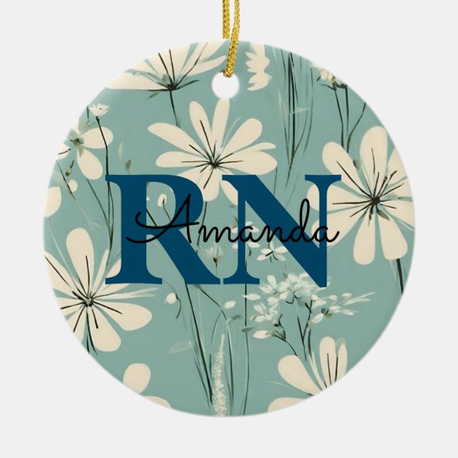 Blue White Modern Daisy Personalised Name RN Nurse Ceramic Ornament (Front)