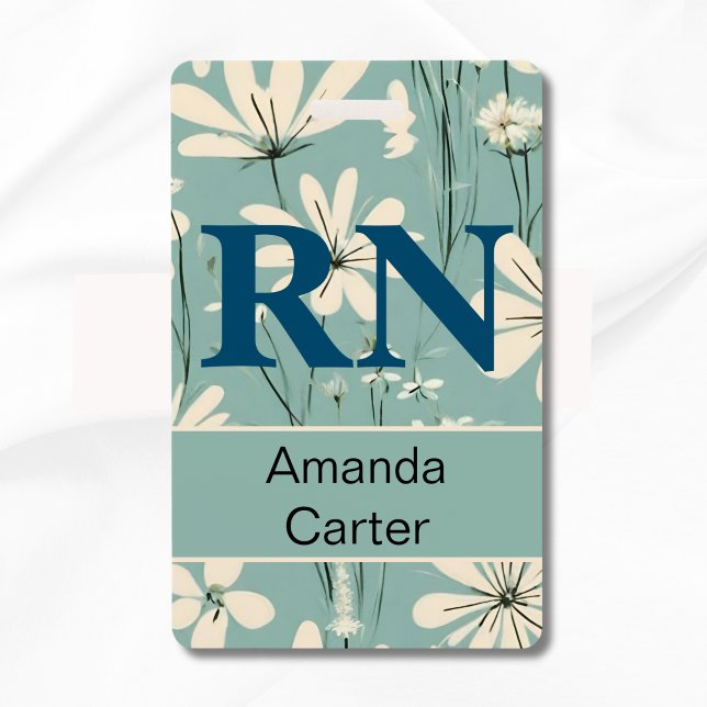 Blue White Modern Daisy Personalised Name RN Nurse ID Badge (Creator Uploaded)