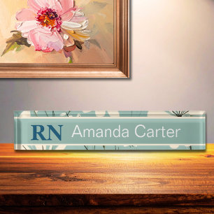 Blue White Modern Daisy Personalised Name RN Nurse Nameplate