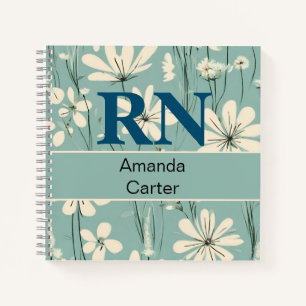 Blue White Modern Daisy Personalised Name RN Nurse Notebook