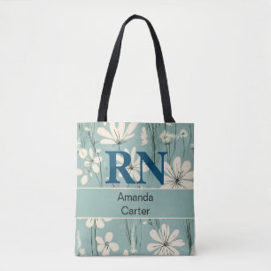 Blue White Modern Daisy Personalised Name RN Nurse Tote Bag