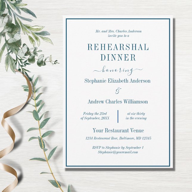 Blue White Modern Formal Classic Rehearsal Dinner  Invitation (Creator Uploaded)