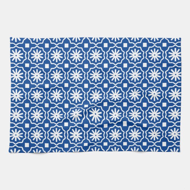Blue white modern geometric floral pattern tea towel (Horizontal)
