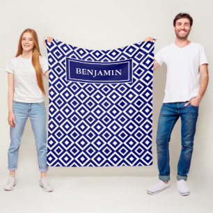 Blue White Modern Geometric Pattern Personalise Fleece Blanket