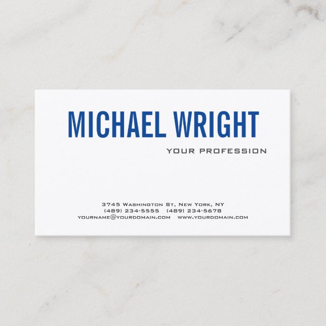 Blue White Modern Plain Simple Premium Silk Business Card (Front)