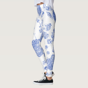 Blue White Modern Vintage Floral Toile Leggings