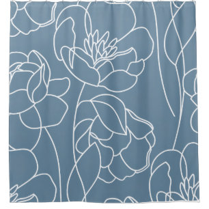 Blue White Modern Wildflower Shower Curtain