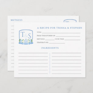 Blue White Monogram Bridal Shower Recipe Card