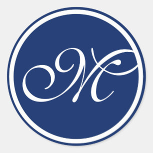 Blue White Monogram Classic Round Sticker