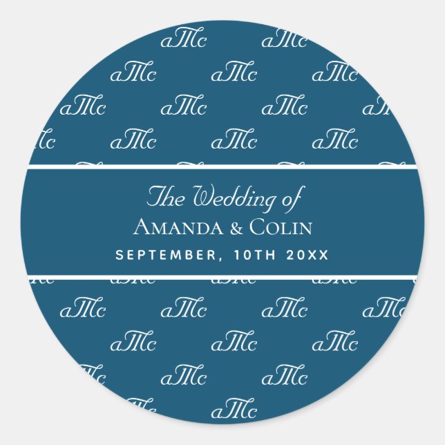Blue White monogram couple initials wedding Classic Round Sticker (Front)