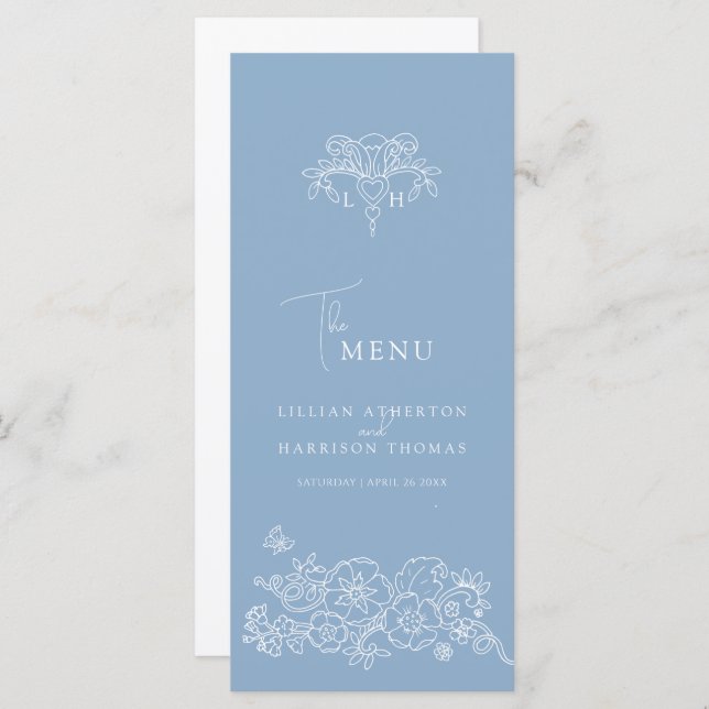 Blue white monogram fleur de lis wedding menu (Front/Back)