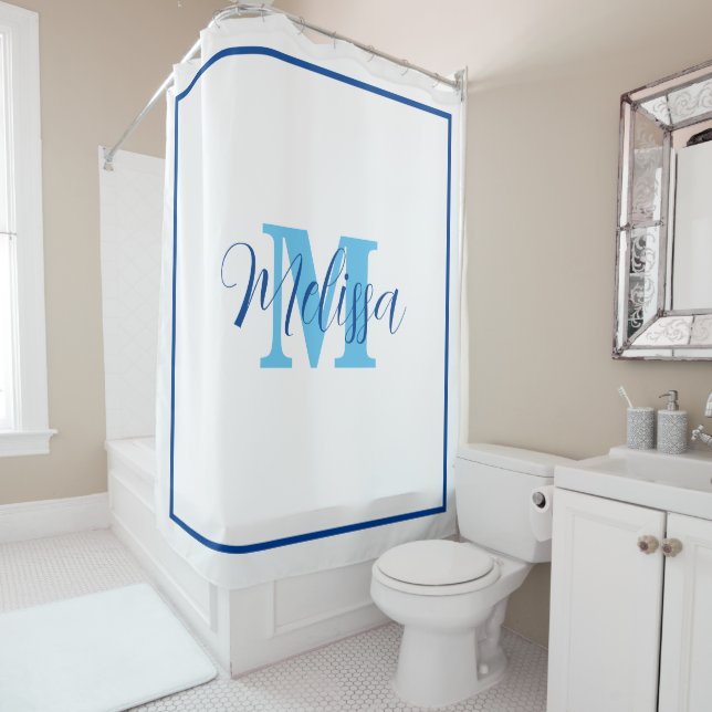 Blue White Monogram Initial Custom Name Elegant Shower Curtain (In Situ)
