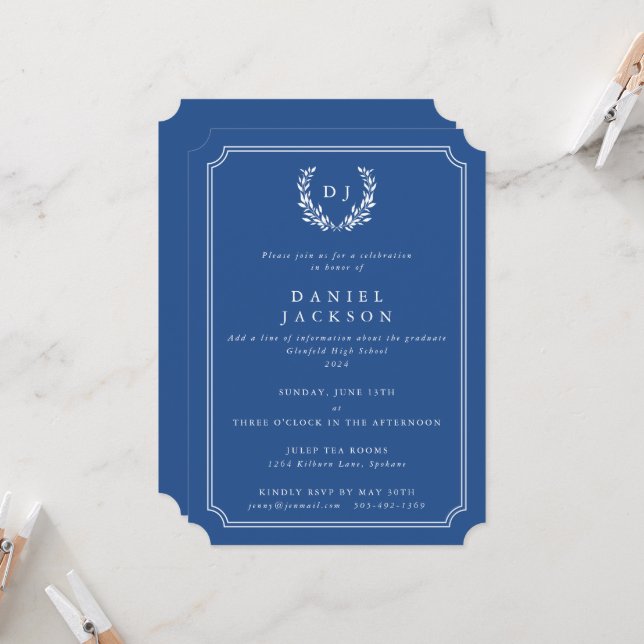 Blue/White Monogram Laurel Wreath Graduation Invitation (Front/Back In Situ)