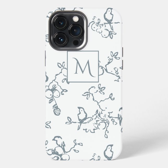 Blue White Monogram Simple Bird Pattern iPhone Case (Back)