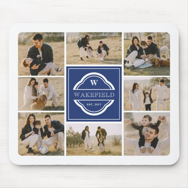 Blue White Monogram & Year Photo Collage Mouse Pad (Front)