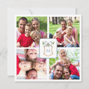 Blue & White Monogrammed crest 4 Photo  Holiday Card