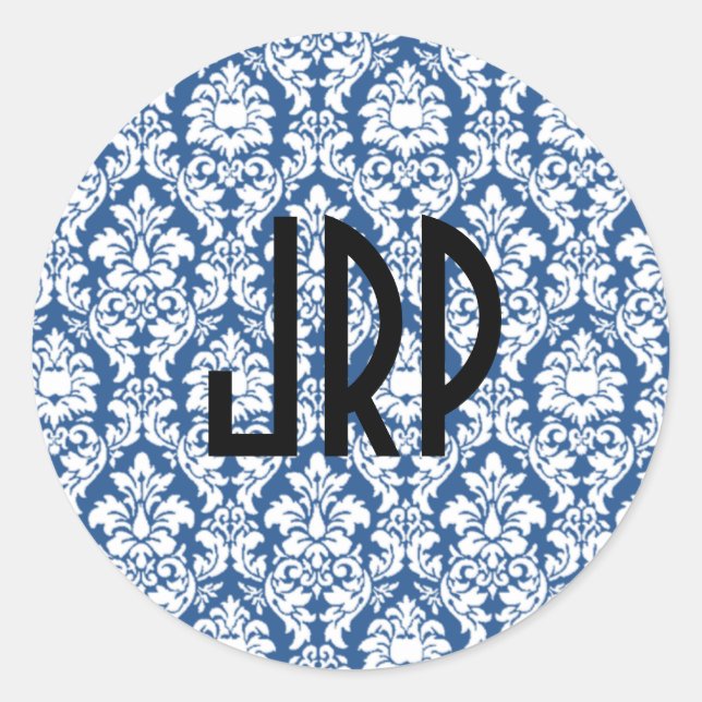 Blue & White Monogrammed Damask Classic Round Sticker (Front)