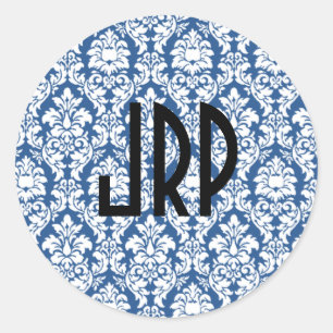 Blue & White Monogrammed Damask Classic Round Sticker