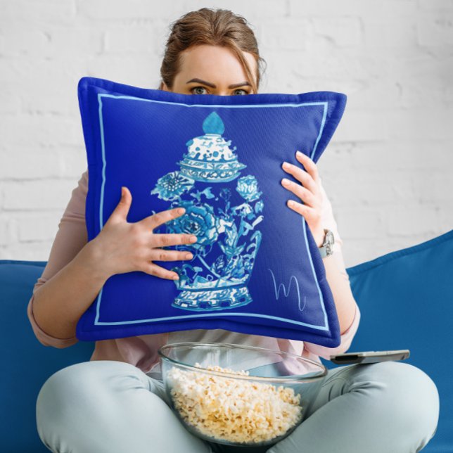 Blue White Monogrammed Elegant Ginger Jar  Cushion (Creator Uploaded)