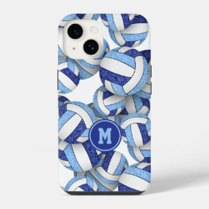Blue white monogrammed girly volleyballs pattern iPhone 14 case