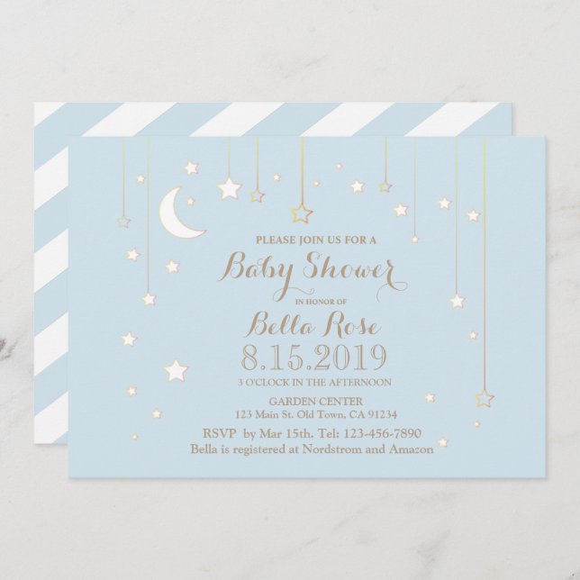 Blue White Moon Star Boy Baby Shower Invite (Front/Back)
