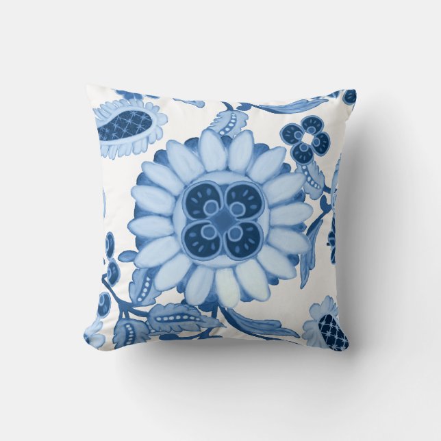 Blue White Moroccan Paisley Modern Leaf Pattern Cushion (Front)