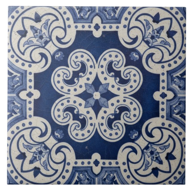 Blue White Moroccan Portuguese Traditional Pattern Ceramic Tile (Front)