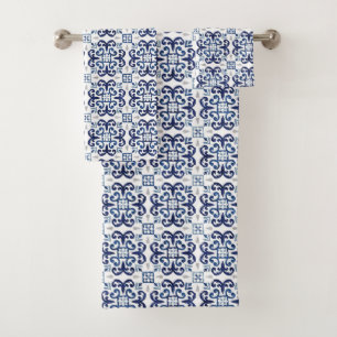 Blue & White Moroccan Tile Pattern Bath Towel Set