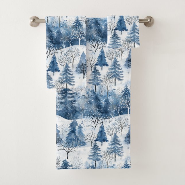 Blue White Mountain Christmas Trees Bath Towel Set (Insitu)