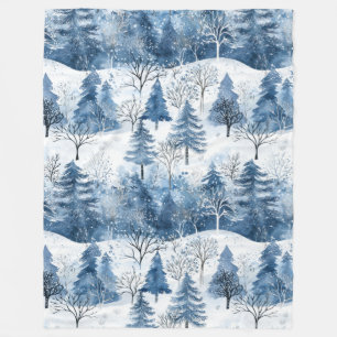 Blue White Mountain Christmas Trees Fleece Blanket