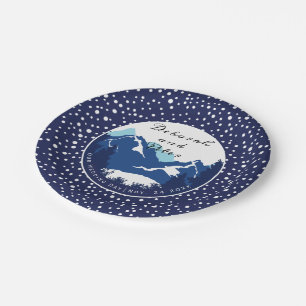 Blue, white mountains and conifer trees wedding paper plate