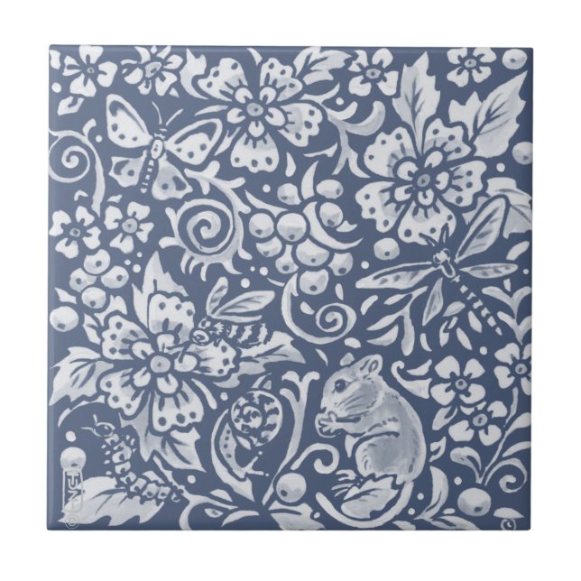 Blue White Mouse Woodland Forest Animal Faces R Ceramic Tile (Front)