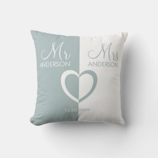 Blue white Mr Mrs name heart wedding gift Cushion