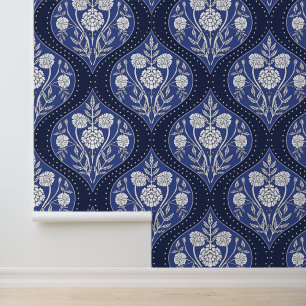Blue & White Mughal Garden Floral Pattern Wallpaper
