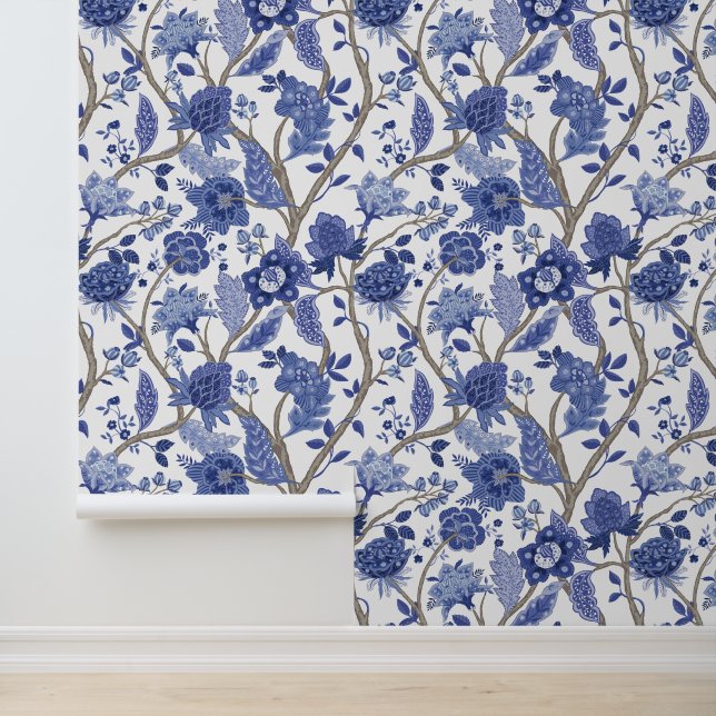 Blue & White Mughal Garden Floral Pattern Wallpaper (Application)