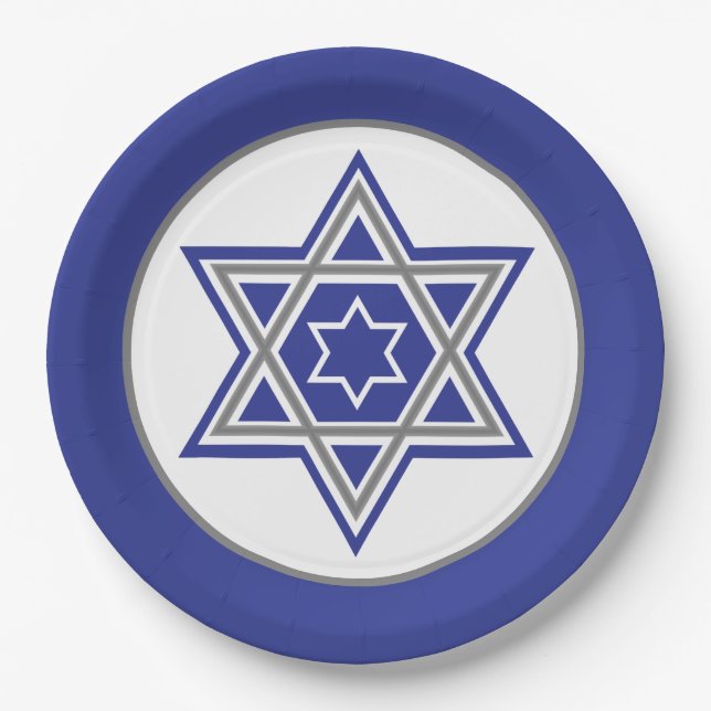 Blue & White Multiple Stars of David Design Paper Plate (Front)