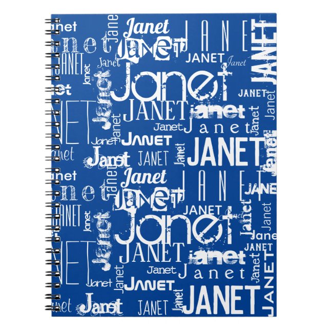 Blue White Name Word Cloud Typography Notebook (Front)