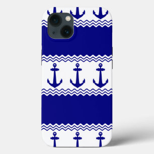 Blue White Nautical Anchor Coastal Stripes iPhone 13 Case