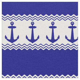 Blue White Nautical Anchor Coastal Stripes Fabric